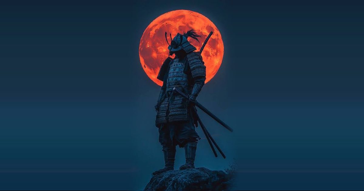 Samurai silhouetted against a blood-red moon